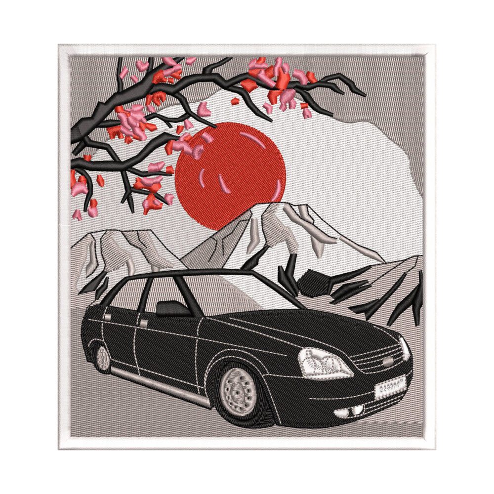 Car Mountain Scene Embroidery Design