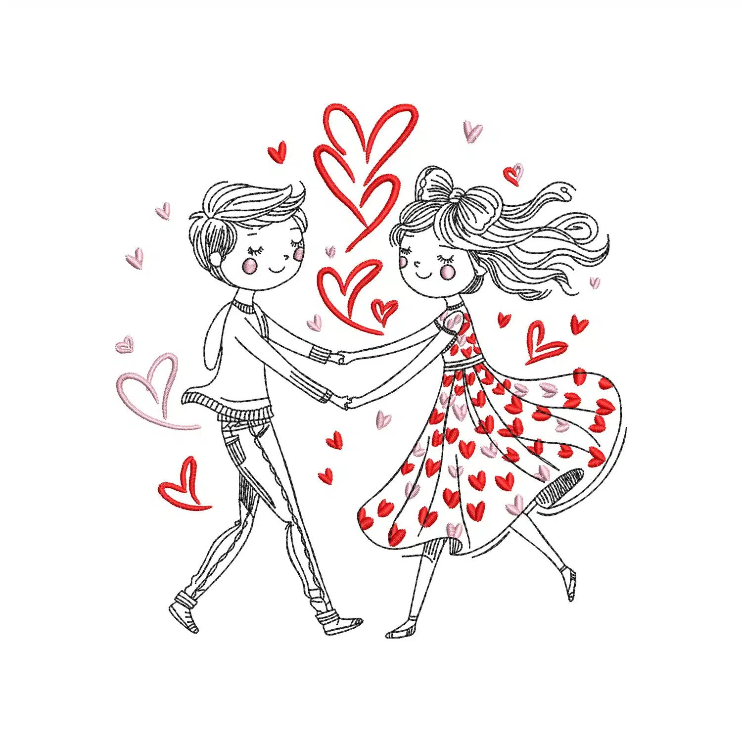 Cute Couple Heart Lineart Embroidery Design