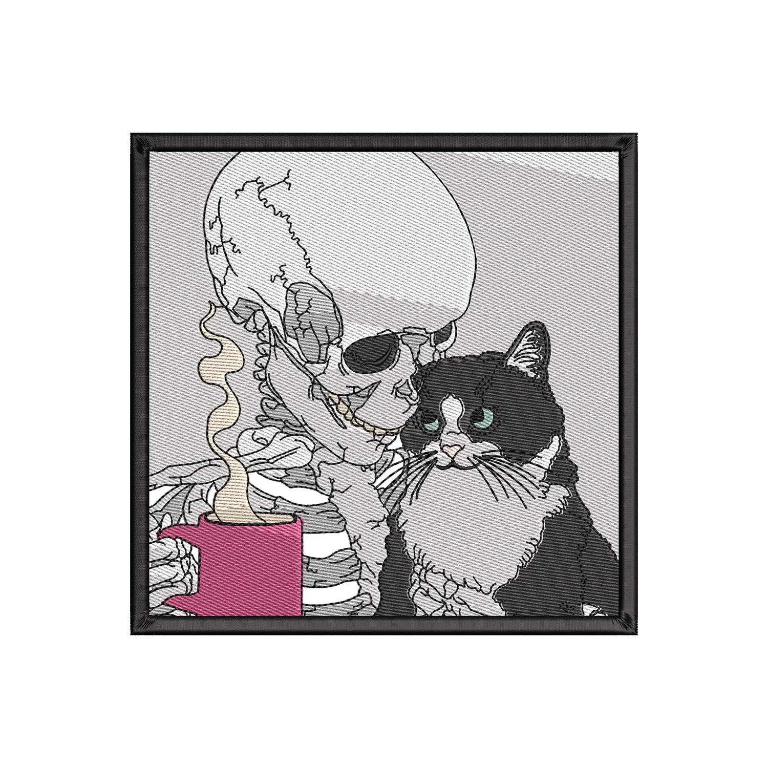 Skeleton drinking Coffee with Cat