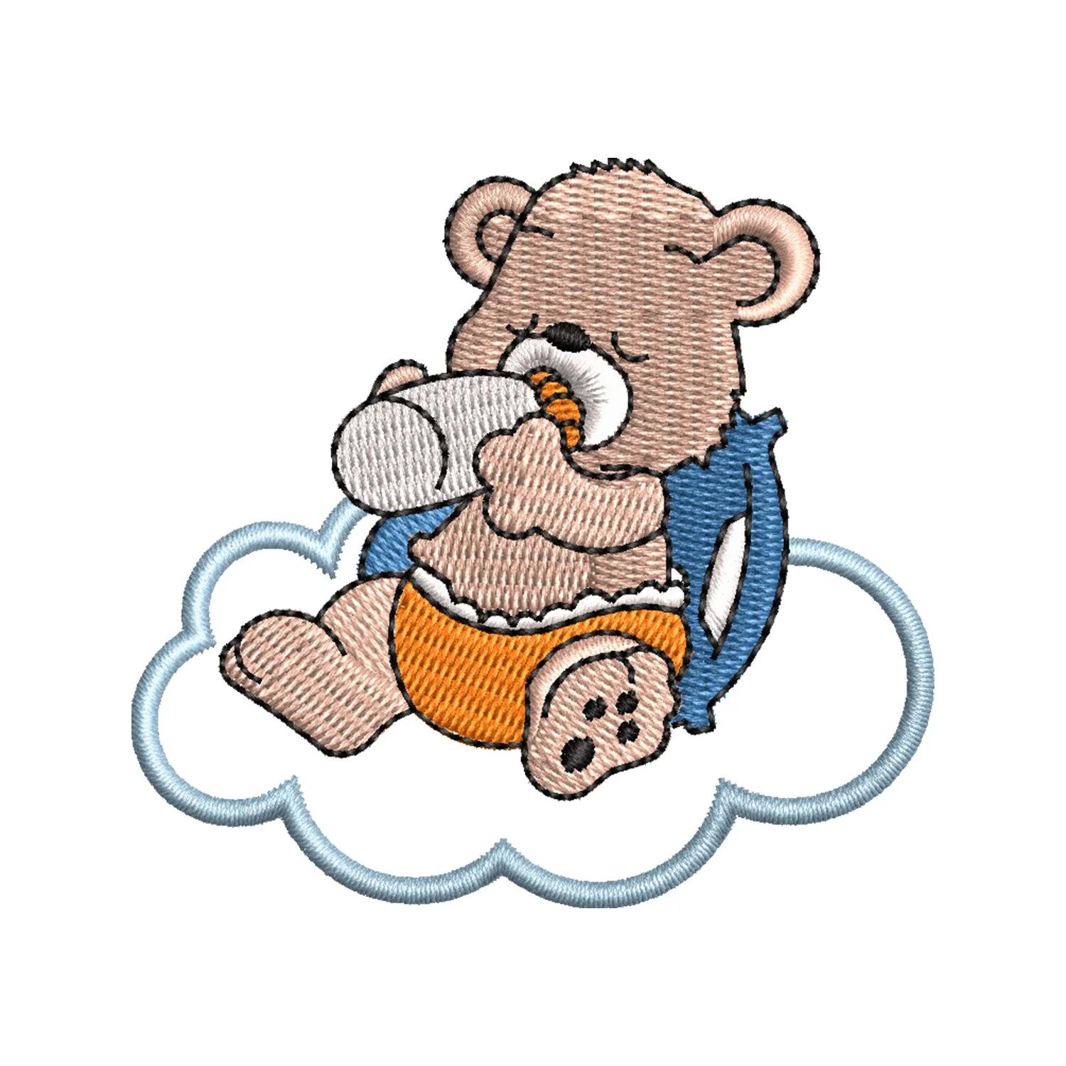 Teddy Drinking Milk on a Cloud Embroidery Design
