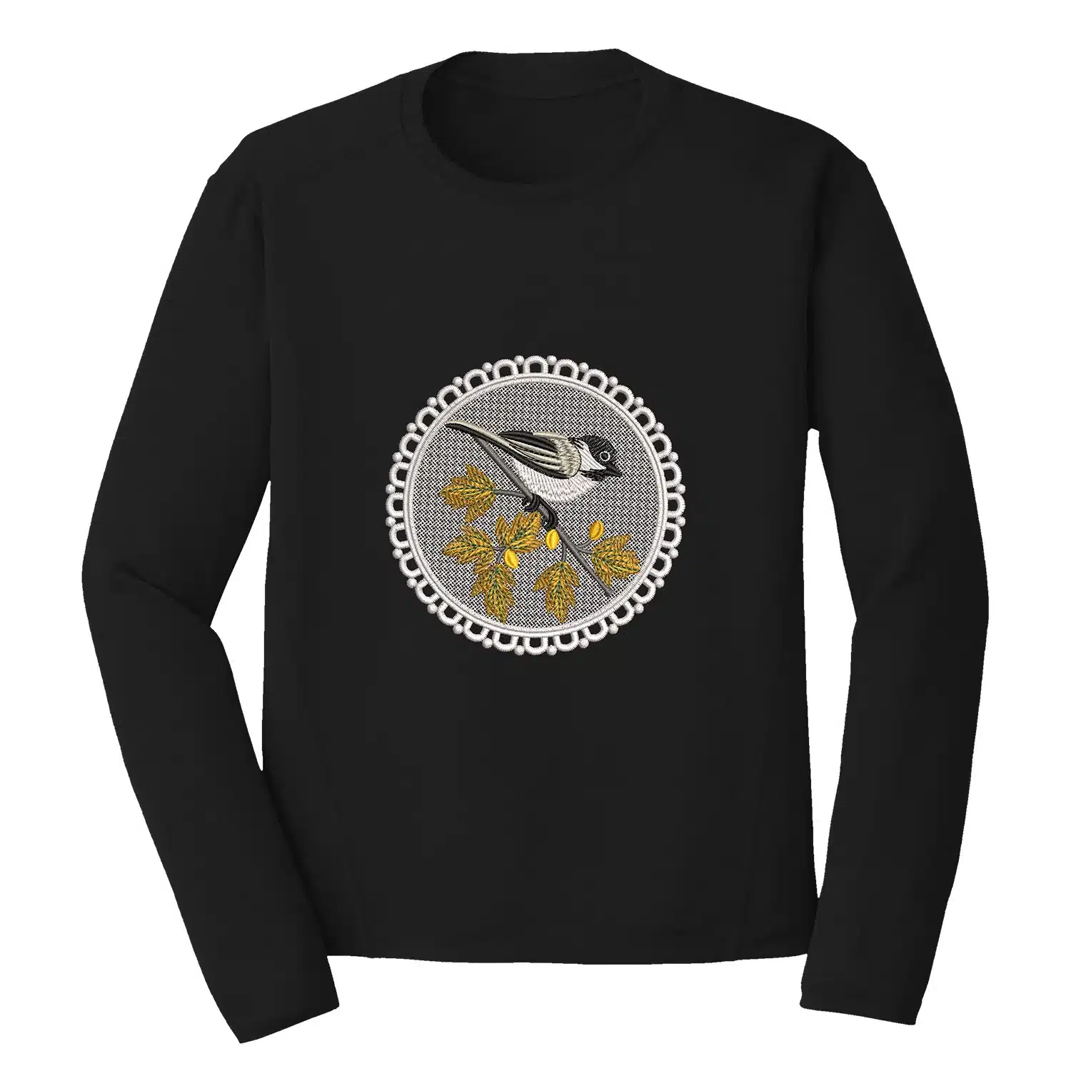 Sparrow On a Maple Tree Branch Embroidery Design - Bird Embroidery Design 1 Mockup BRD26