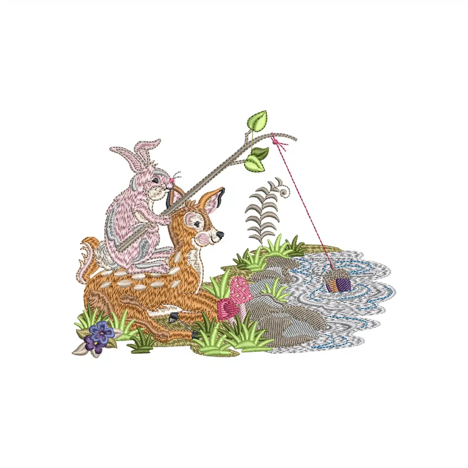 Rabbit and Deer Fishing Embroidery Design