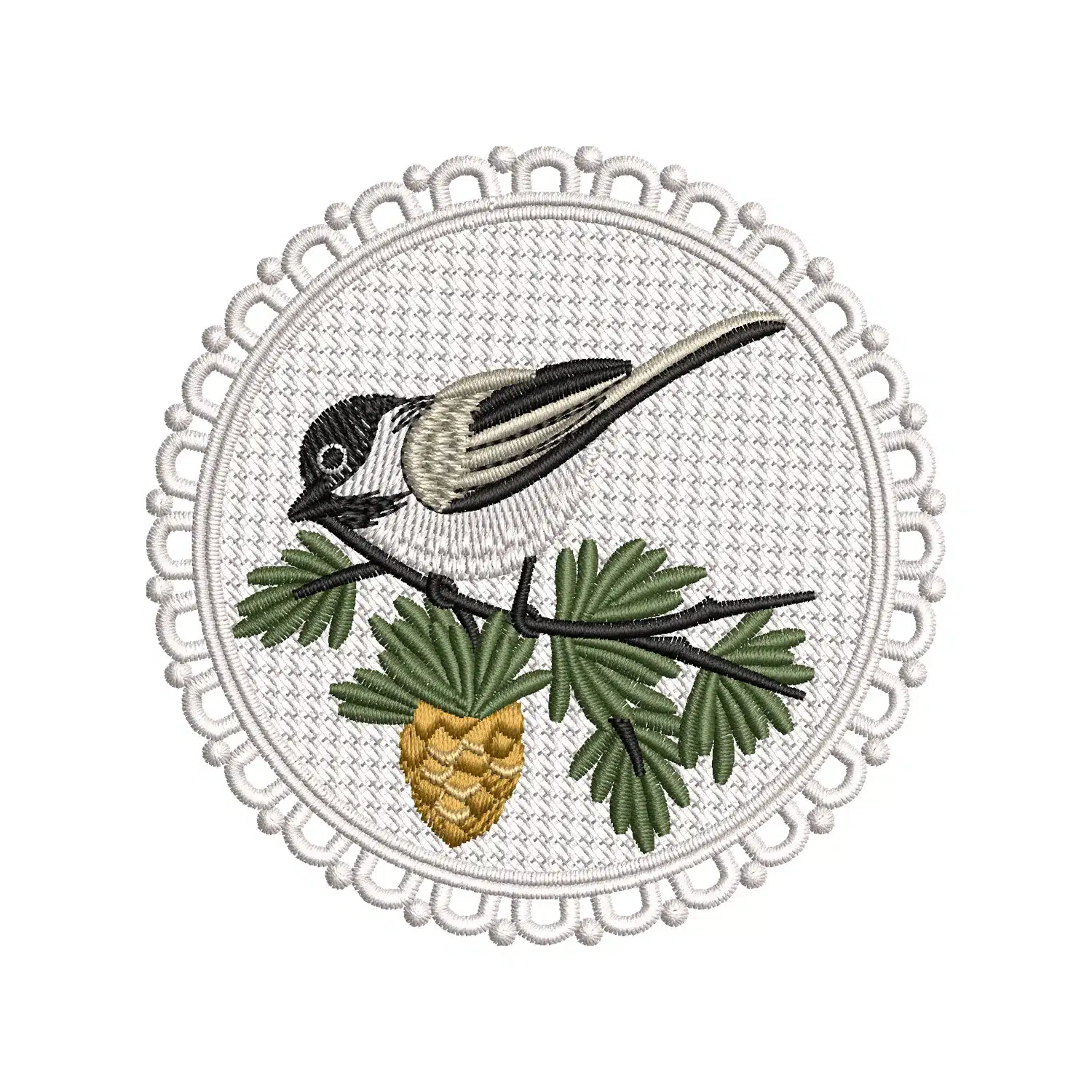 Sparrow On A Cone Branch Embroidery Design