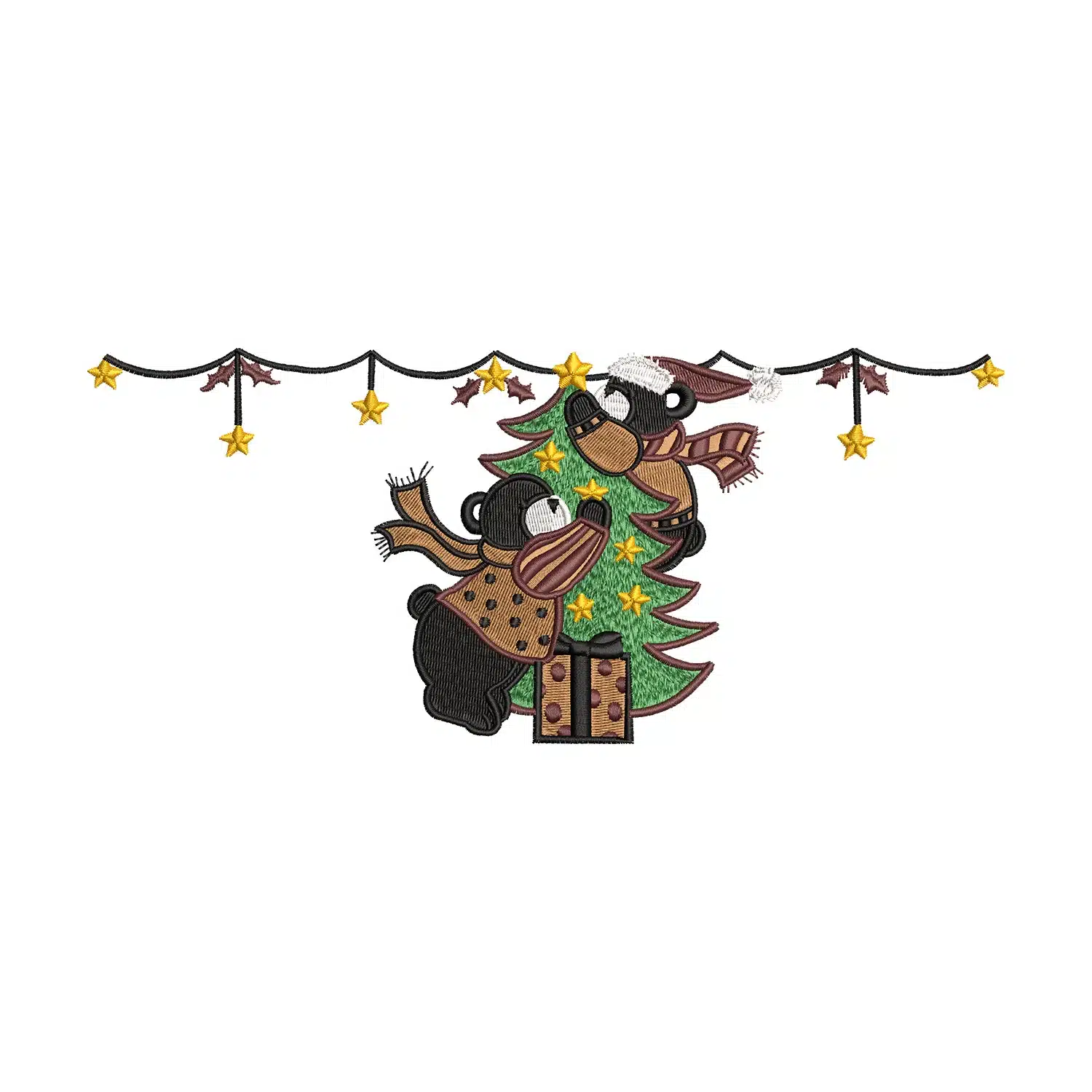 Teddy Playing with a Christmas Tree Embroidery Design