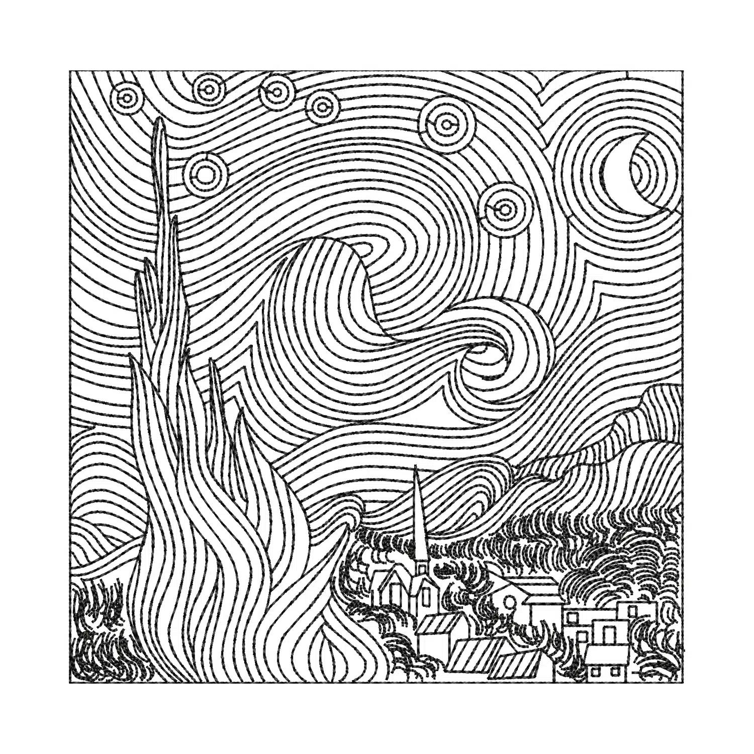 Starry Night Lineart Embroidery Design