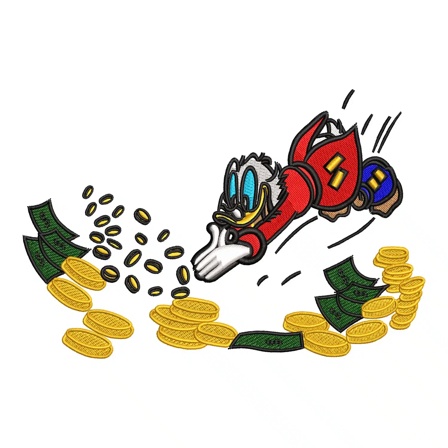 Scrooge McDuck Diving in Money Embroidery Design