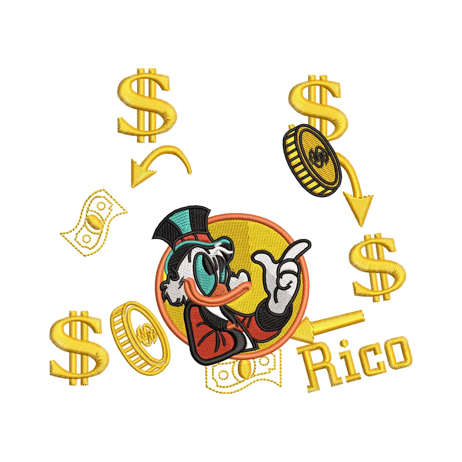 Tio Rico Surrounded by Money Embroidery Design